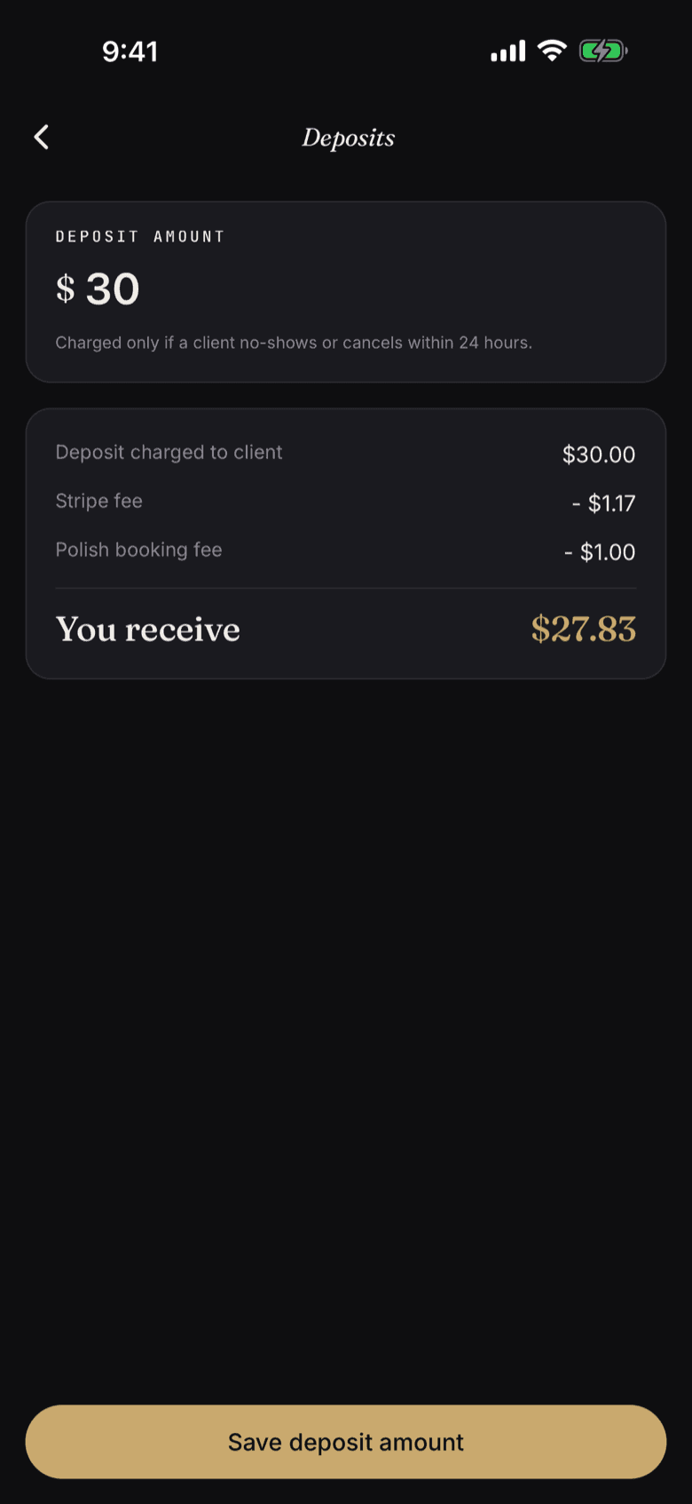 Deposit settings: $30 deposit, Stripe and booking fees, you receive $27.83