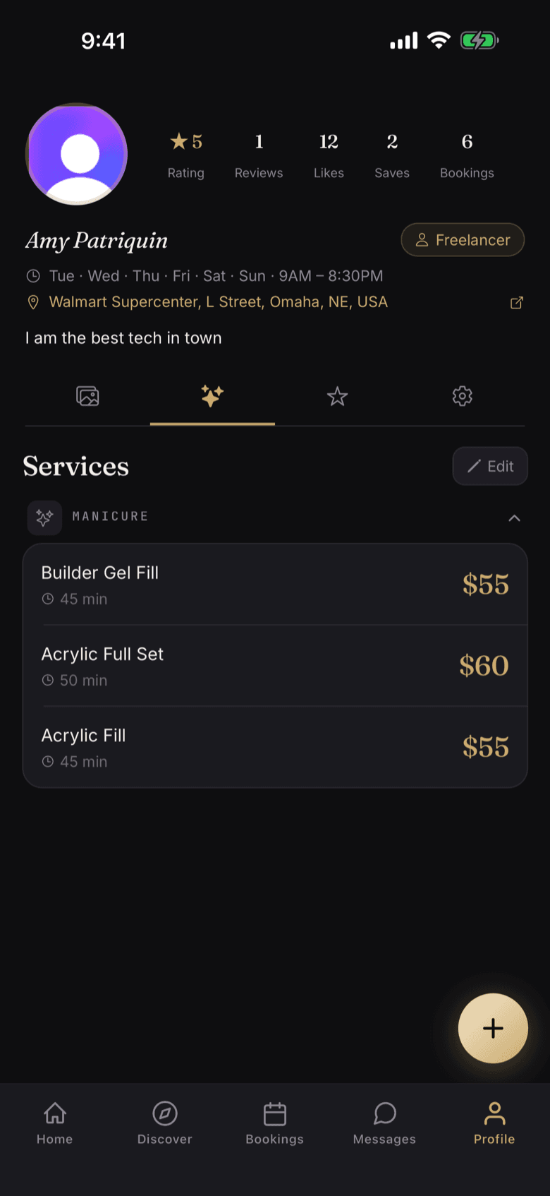 Pro profile: stats, hours, location, and a live services menu clients book from